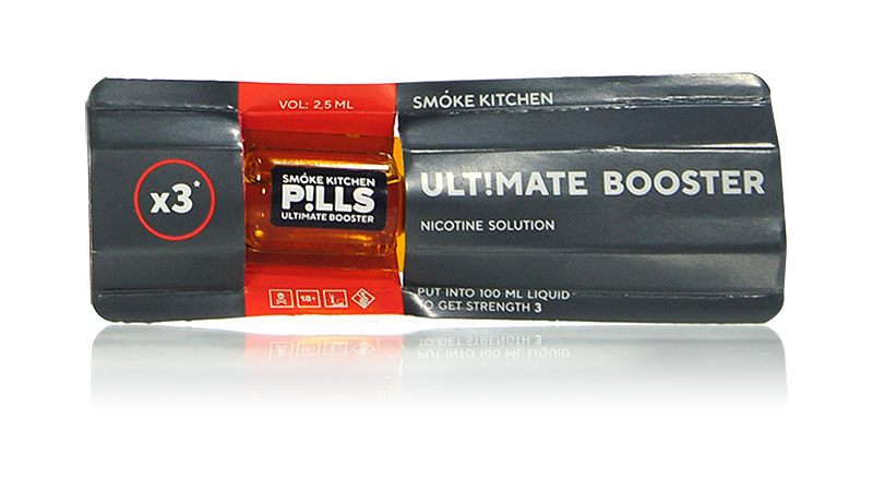 Никобустер SMOKE KITCHEN Pills Ultimate поставляется в объеме 2,5 мл и рассчитан на добавление во флаконы объемом 100мл один бустер поднимает крепость жидкости на 3мг\мл